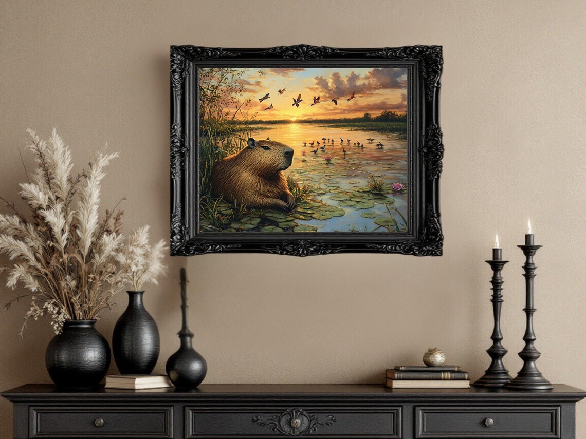 Capybara Sunset Art Print, Tranquil Wetlands Wildlife Scene - Image 3