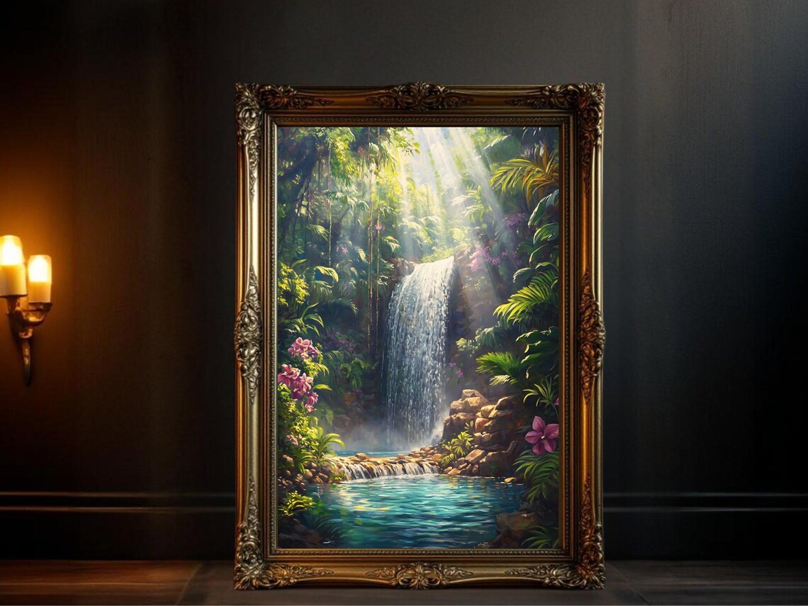 Tropical Waterfall Art Print, Lush Green Landscape