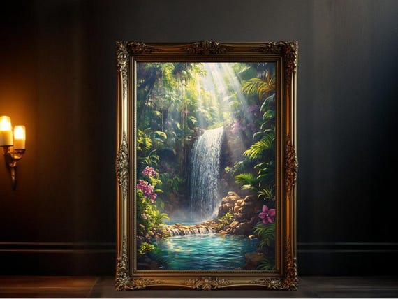 Tropical Waterfall Art Print, Lush Green Landscape