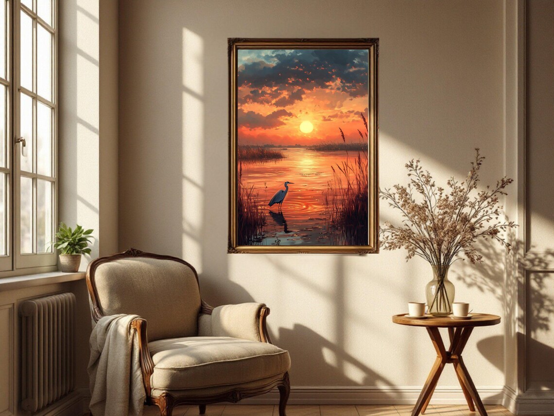 Serene Sunset Landscape With Heron, River Scene - Image 3