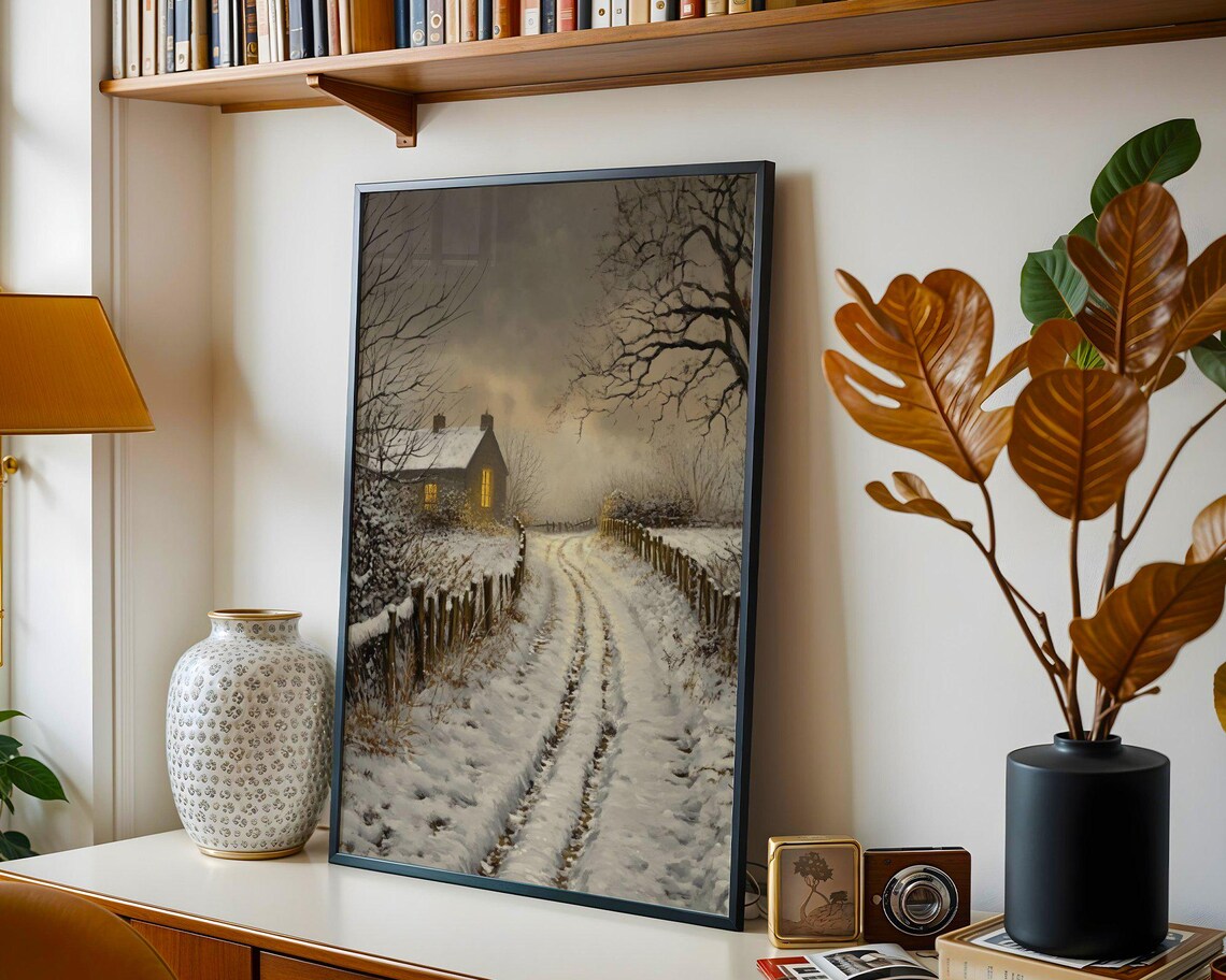 Winter Snowy Cottage Path, Rustic Scenic Art Print - Image 2