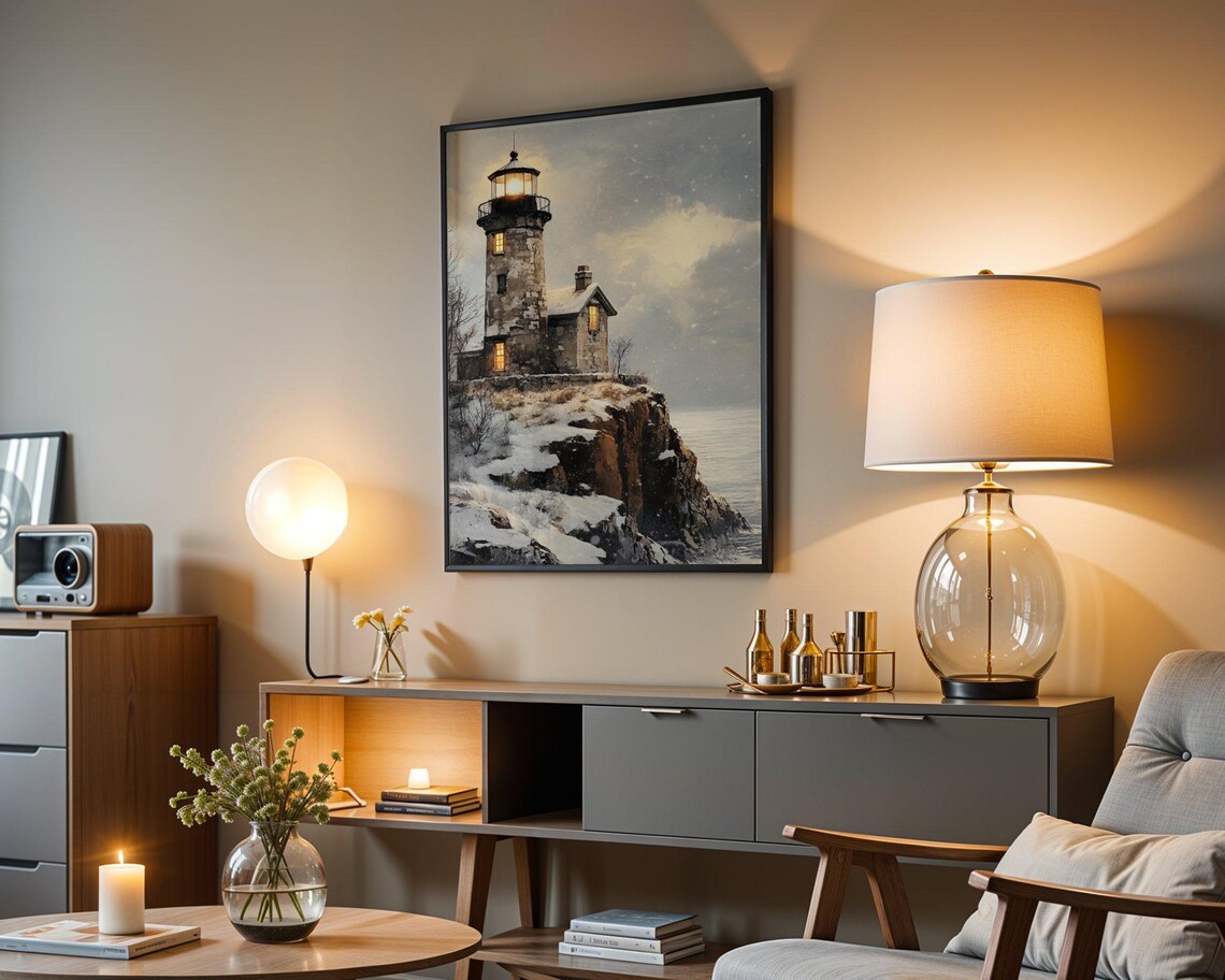 Enchanting Lighthouse In Winter Snow, Coastal Art Print - Image 3