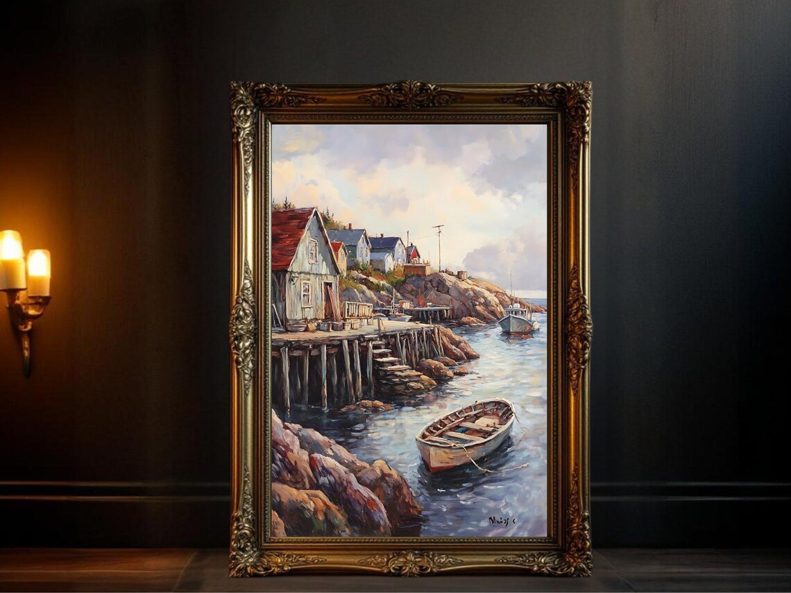 Coastal Village Vintage Seascape, Nautical Decor