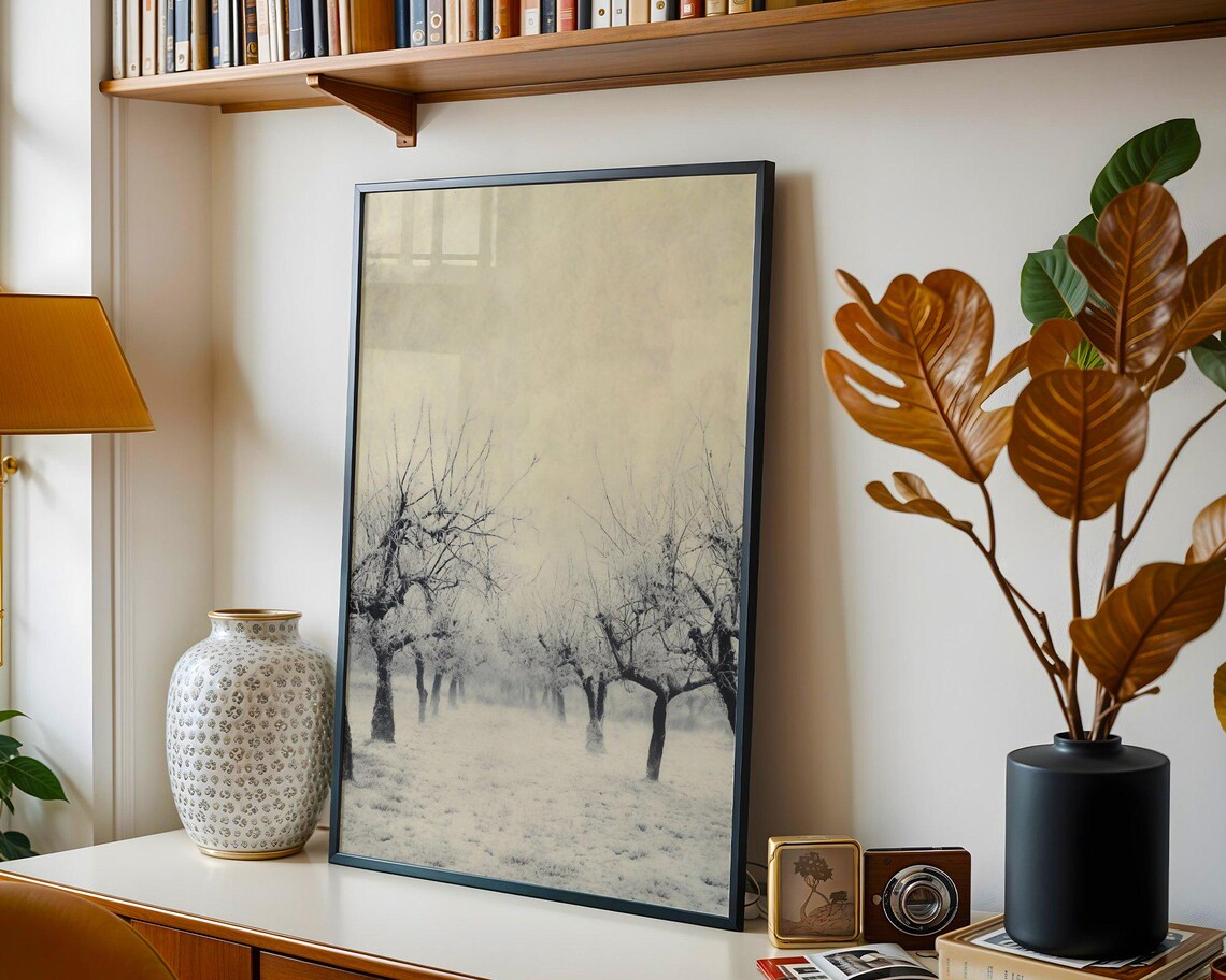 Winter Snowy Orchard, Minimalist Tree Landscape - Image 2