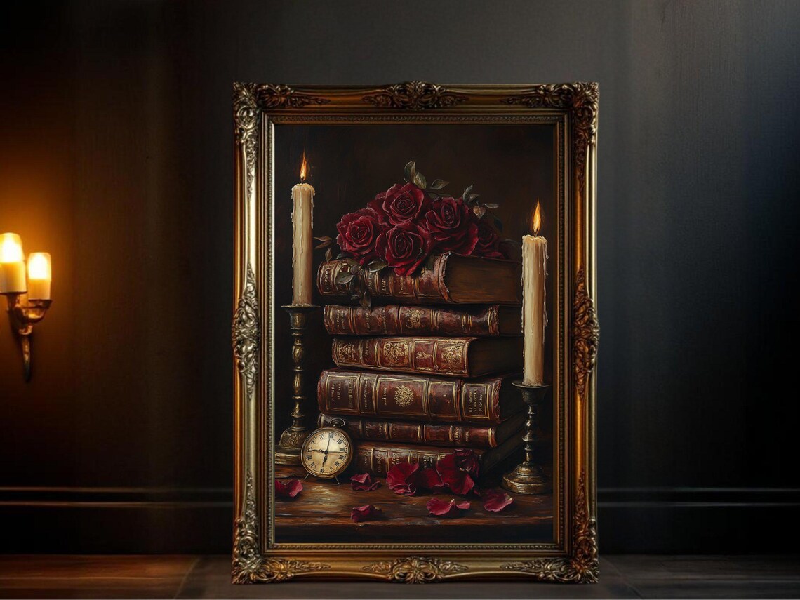 Vintage Book Stack With Roses, Gothic Library Art Print