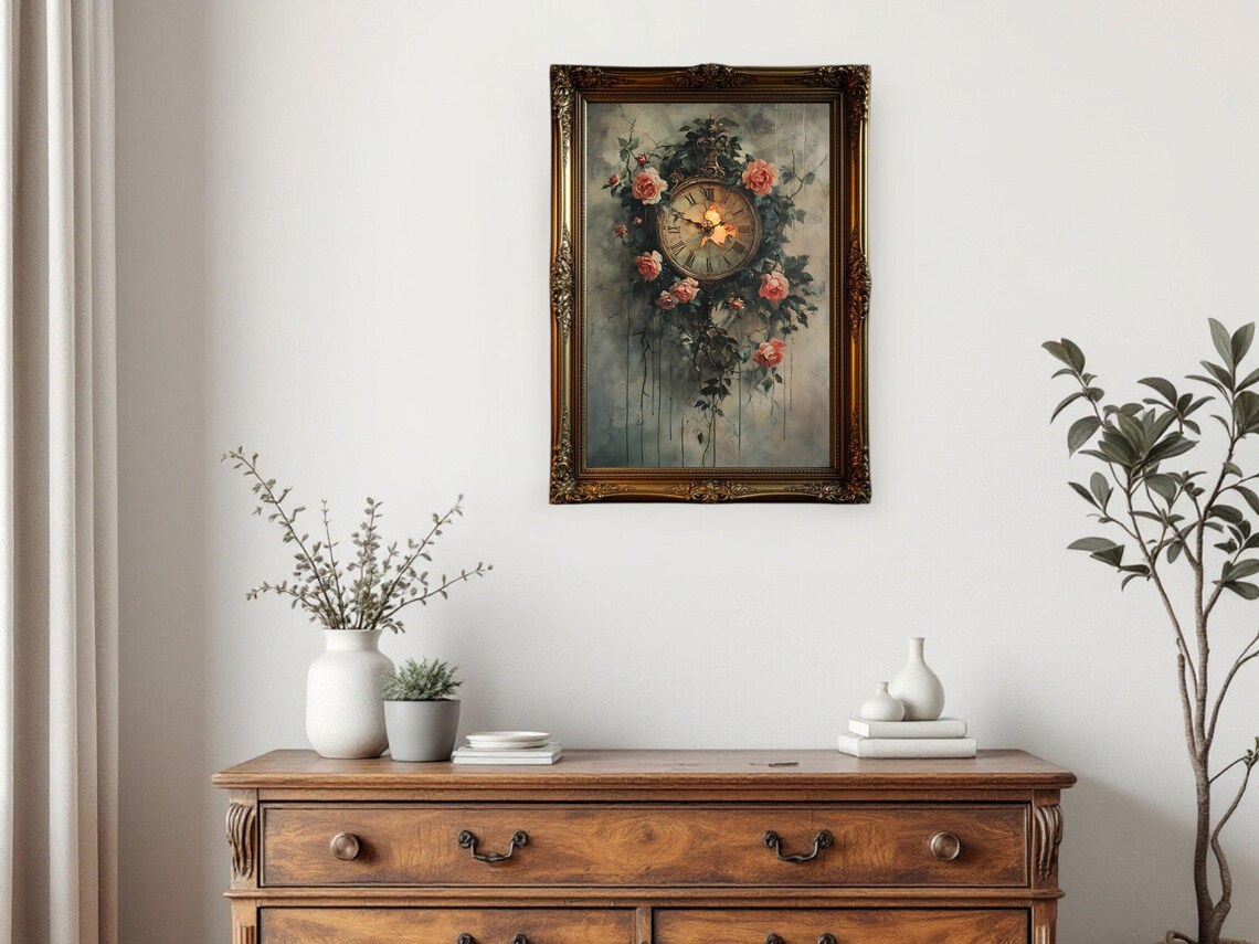 Vintage Oil Painting, Antique Clock With Roses - Image 3