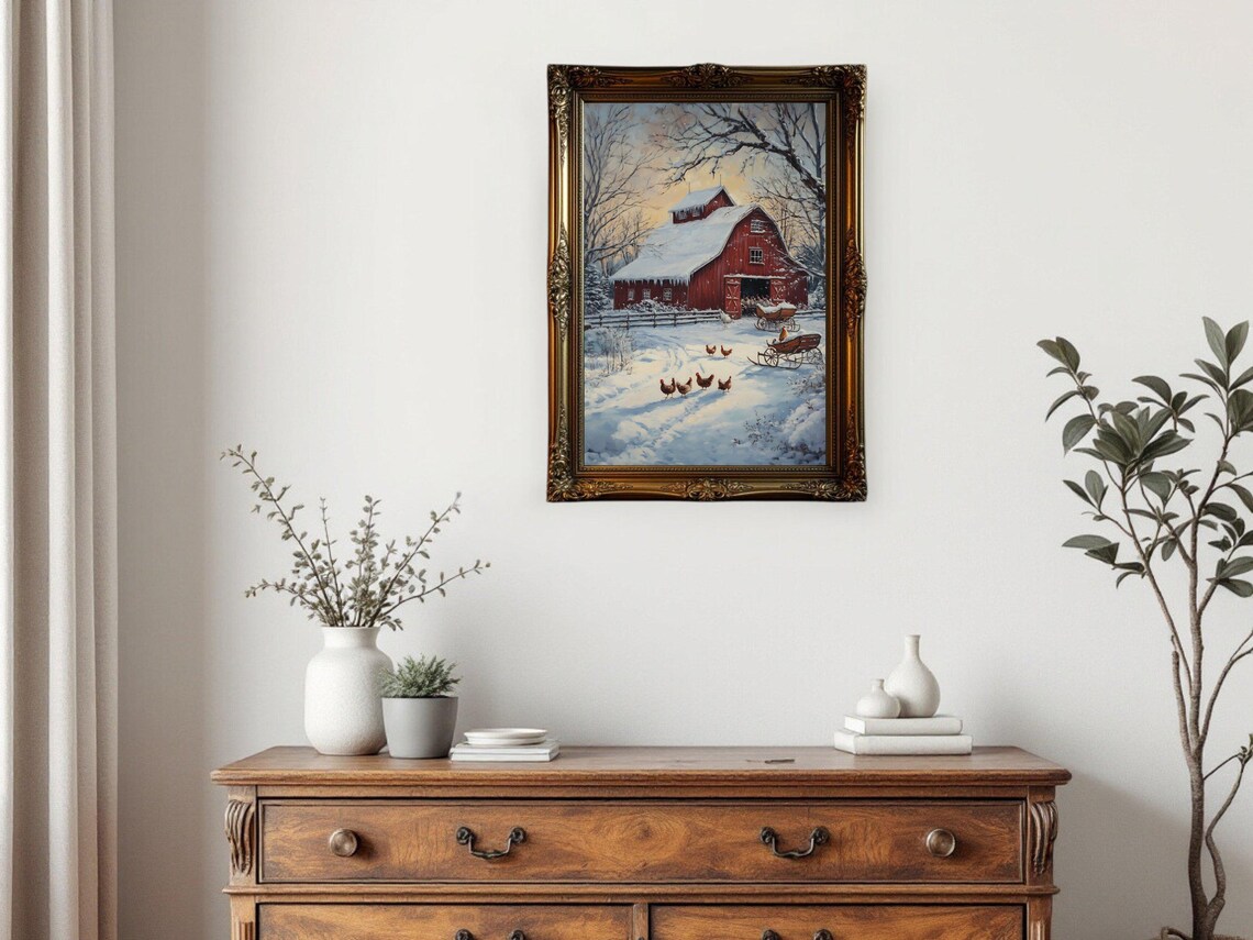 Winter Barn Scene, Rustic Country Landscape Art Print - Image 2