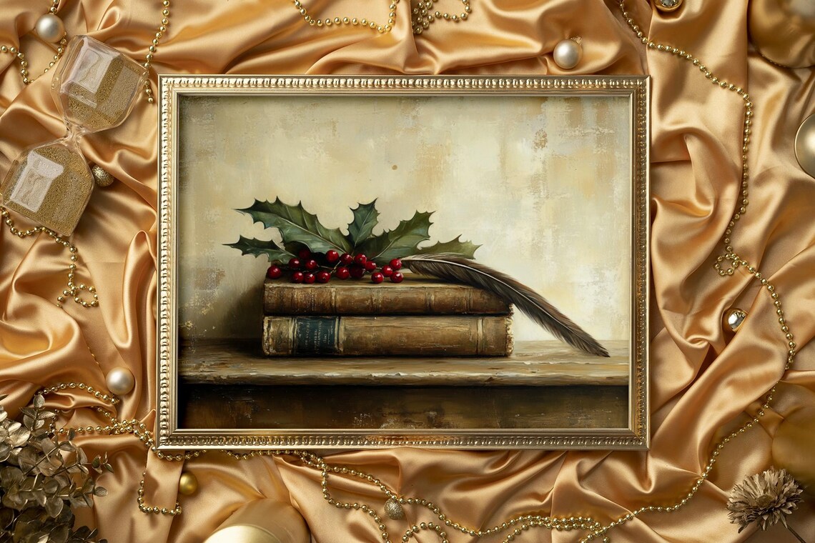 Vintage Holly And Books Rustic Christmas Decor - Image 2