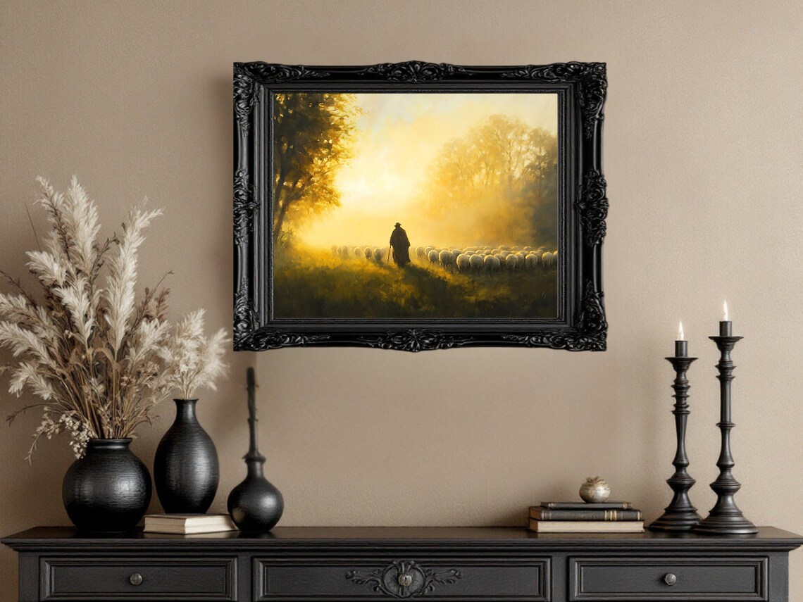 Rustic Shepherd At Sunrise, Pastoral Landscape Print - Image 2