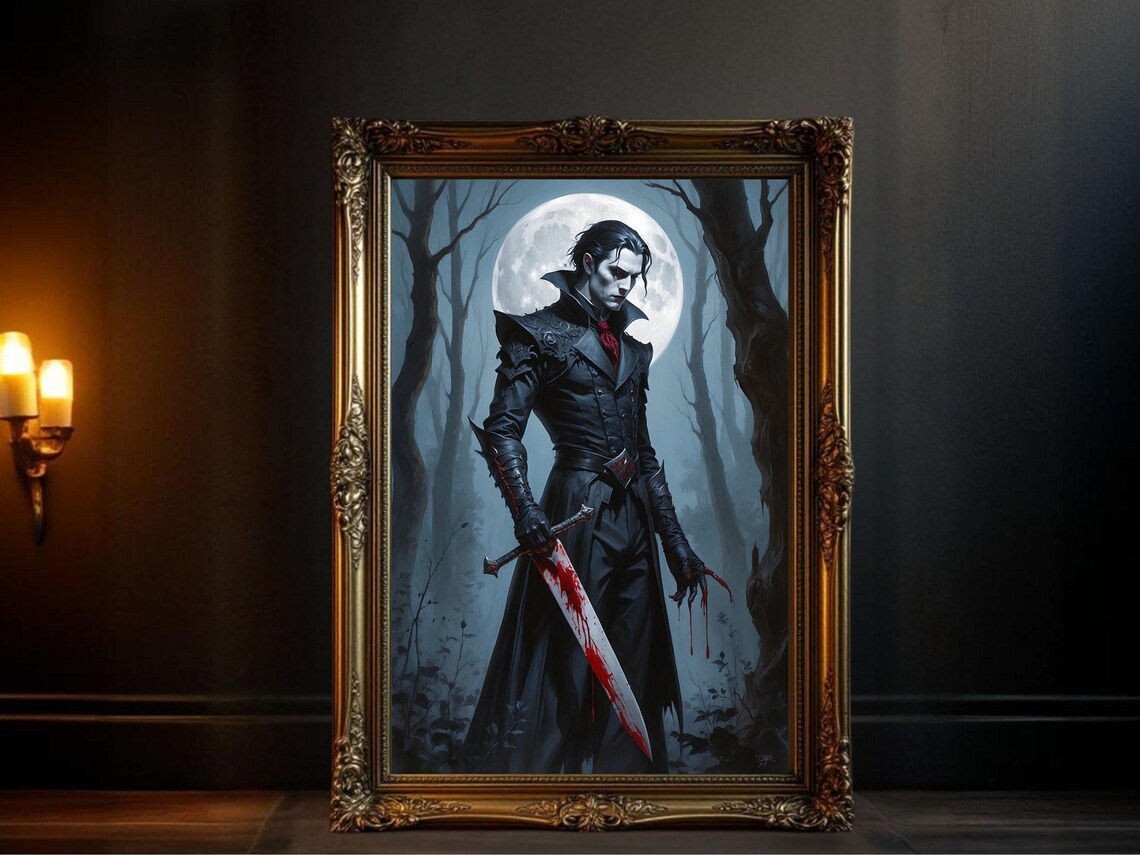 Gothic Vampire With Bloody Sword, Moonlit Forest
