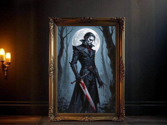 Gothic Vampire With Bloody Sword, Moonlit Forest