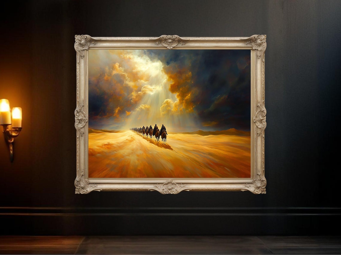 Desert Sunset Caravan, Dramatic Landscape Painting