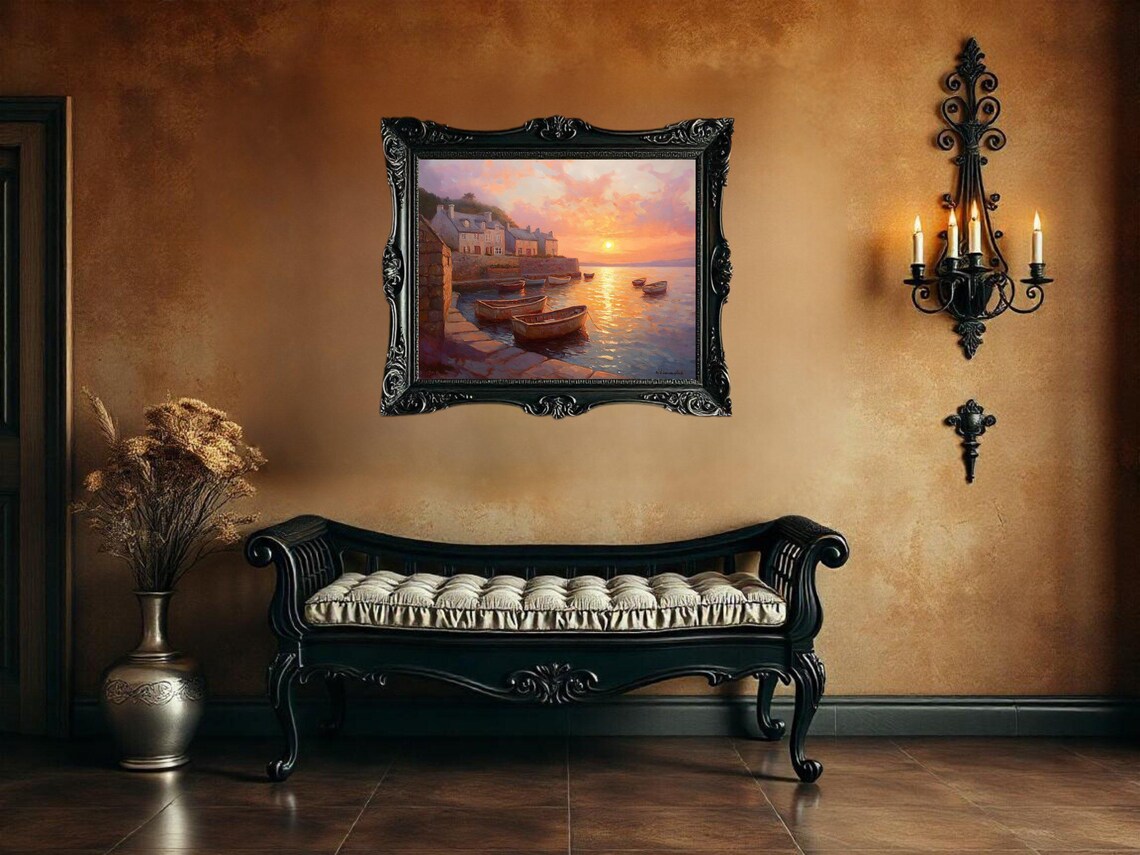Seaside Sunset Painting, Tranquil Harbor Landscape - Image 3