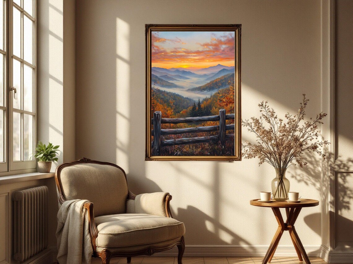 Mountain Sunset Landscape, Autumn Forest Painting - Image 3