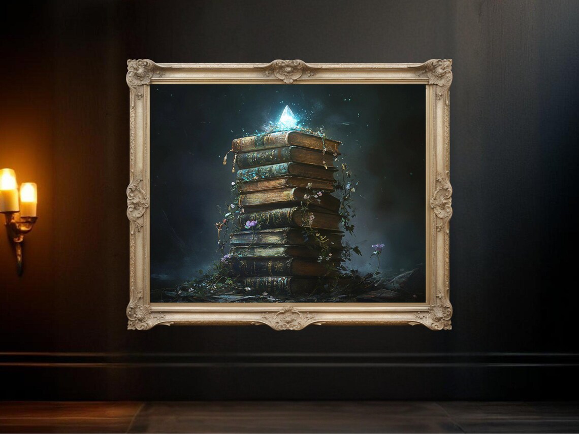 Mystical Book Stack, Magical Crystal Illustration