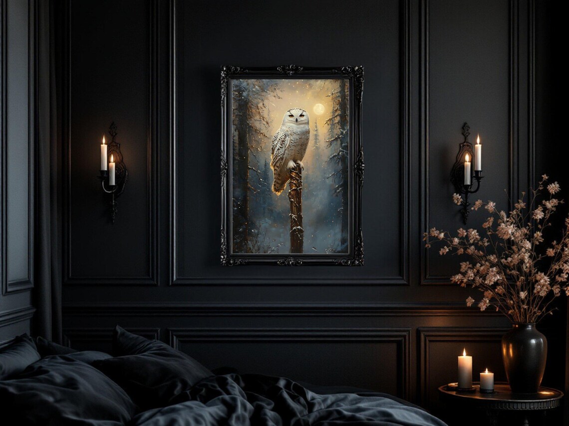 Snowy Owl Poster, Winter Forest Moonlit Night Scene - Image 2
