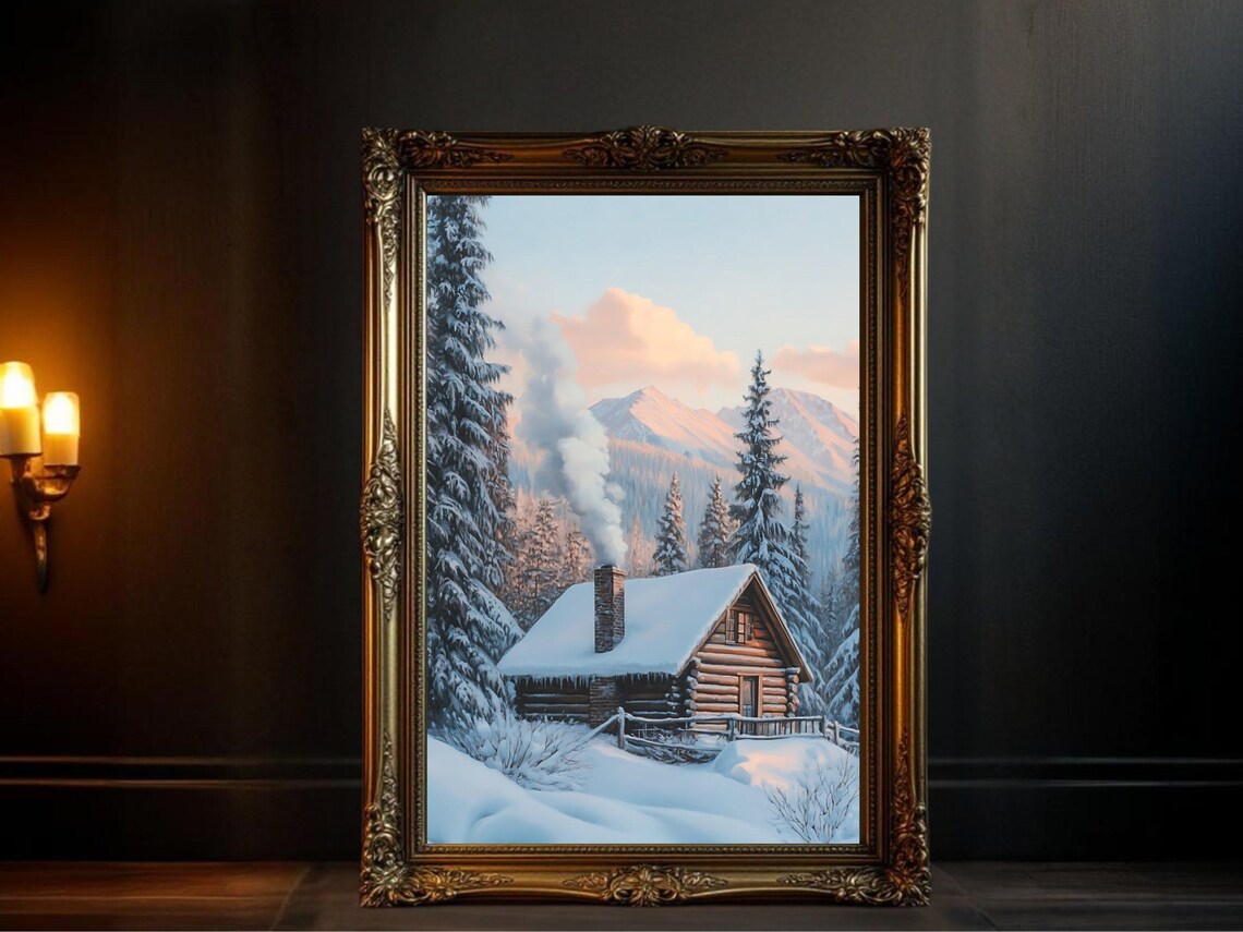 Winter Cabin In Snowy Forest, Rustic Winter Wonderland
