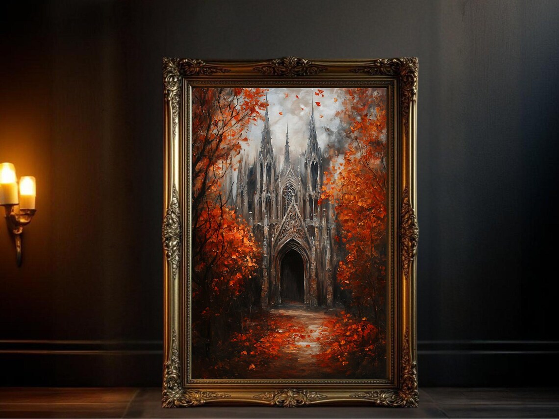 Gothic Cathedral, Autumn Forest Dark Fantasy Print