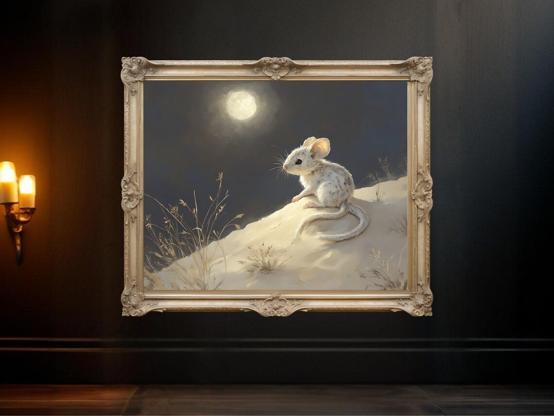 Cute Mouse Moonlit Night, Whimsical Animal Art Print