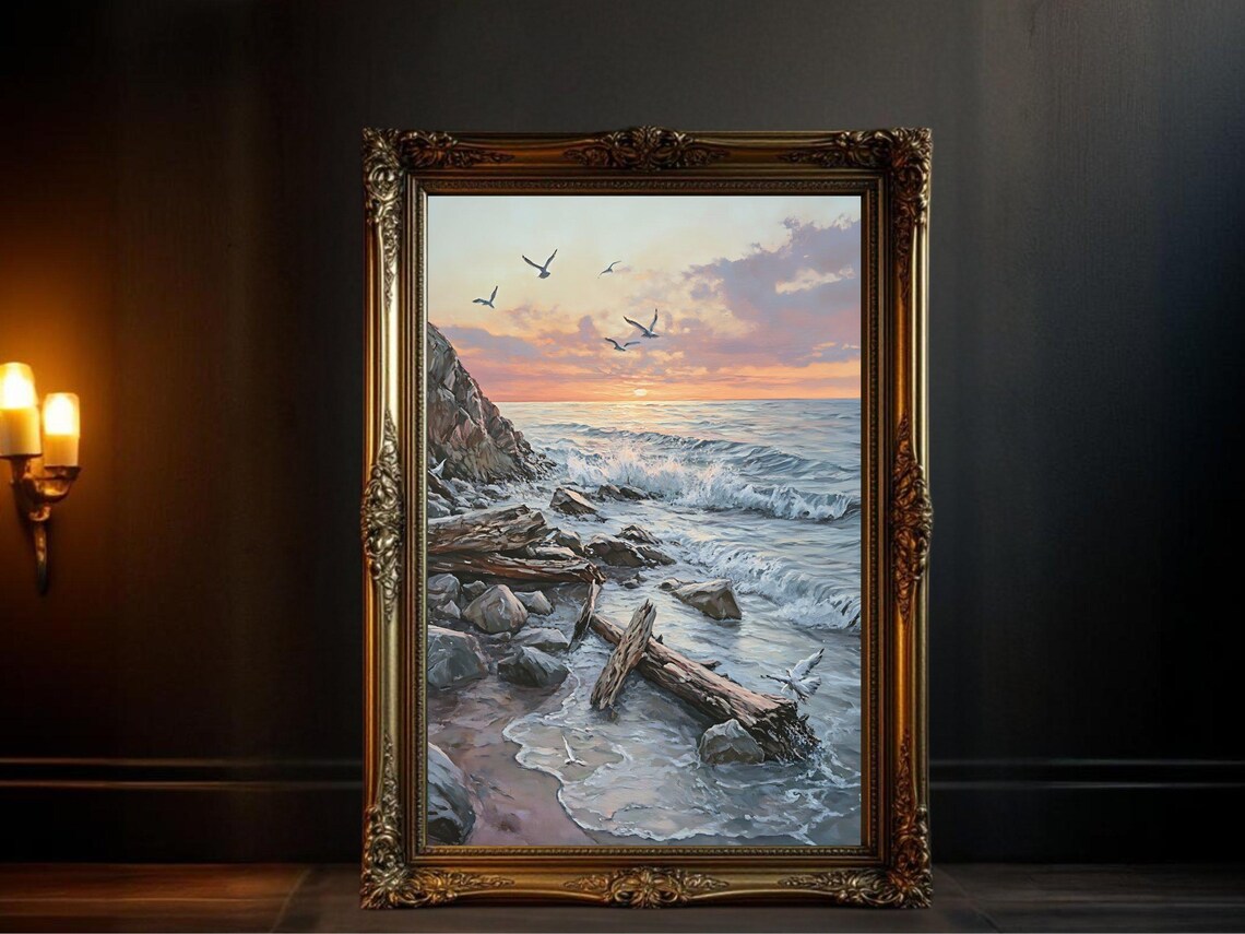Coastal Sunset Ocean Waves Seagulls, Seaside Decor