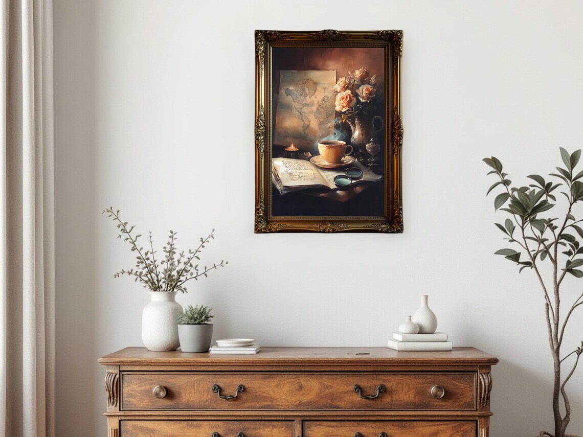Vintage Oil Painting World Map, Floral Still Life - Image 3