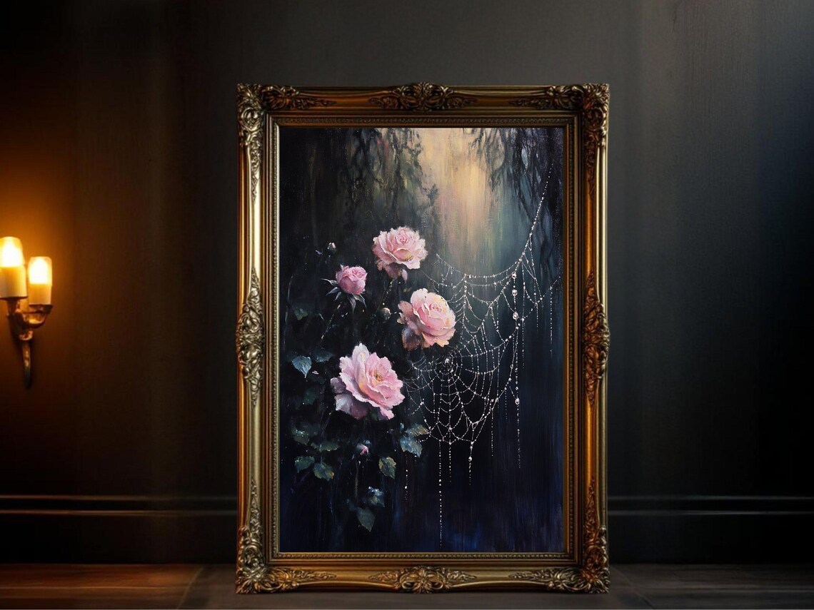 Pink Roses and Dewy Spider Web Botanical Art