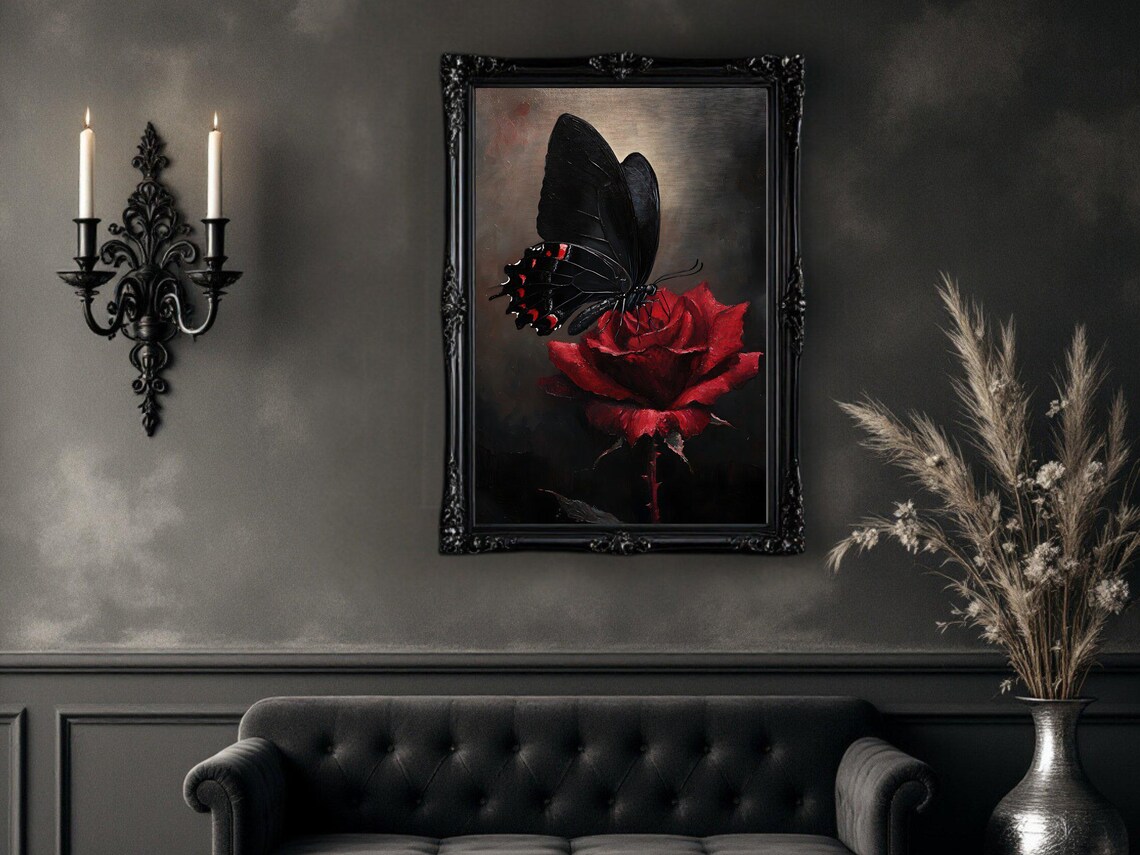 Black Butterfly On Red Rose, Gothic Nature Print - Image 2