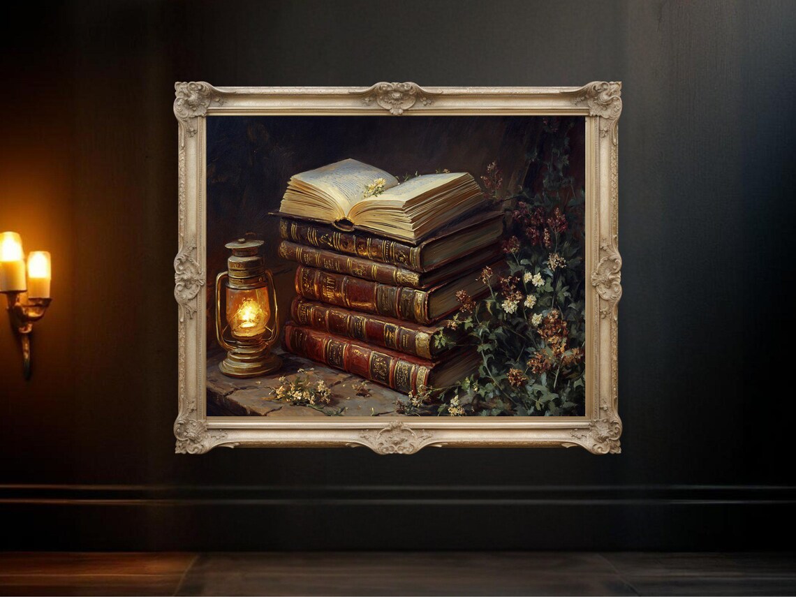 Vintage Books Lantern Floral Poster Print, Cozy Reading Nook