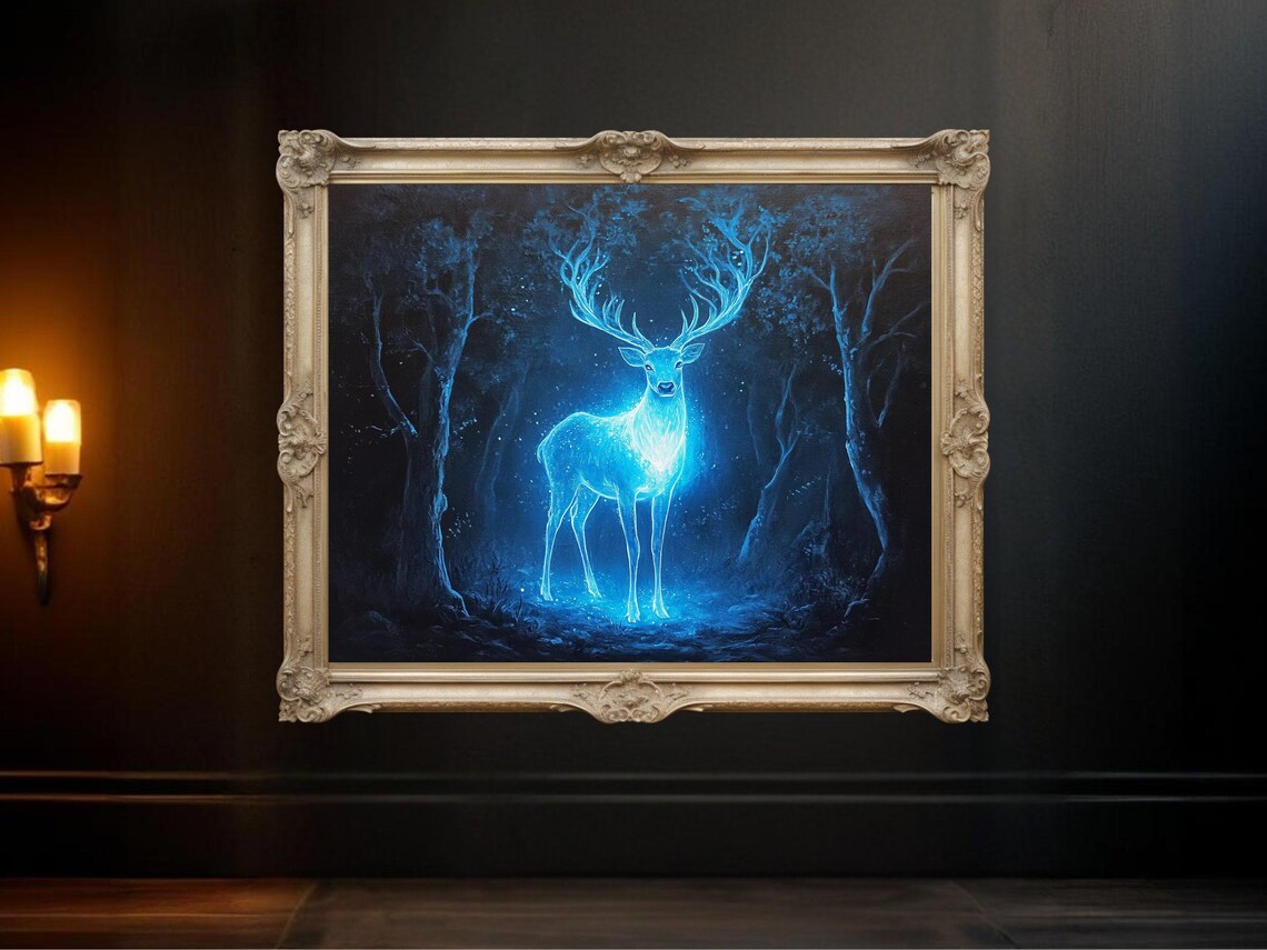Magical Blue Glowing Deer Forest Fantasy Art Print