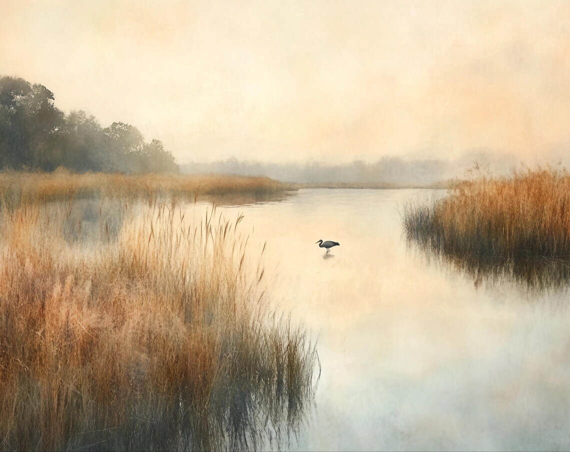 Serene Morning Lake, Heron In Misty Wetlands