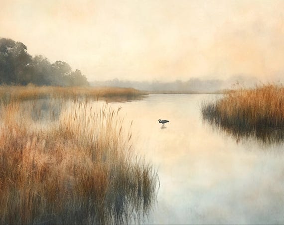 Serene Morning Lake, Heron In Misty Wetlands