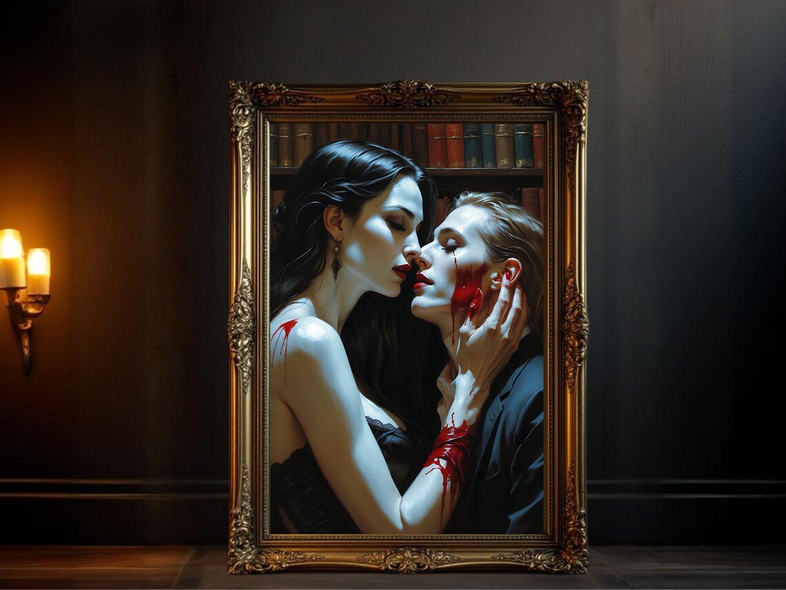 Gothic Vampire Romance Art Print, Dark Fantasy Couple