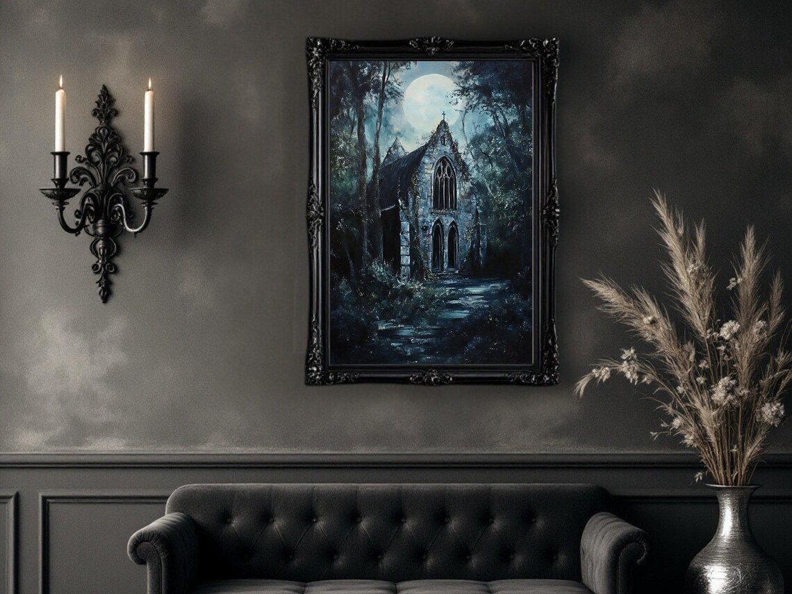 Moonlit Gothic Church, Haunted Spooky Night Art Print - Image 2
