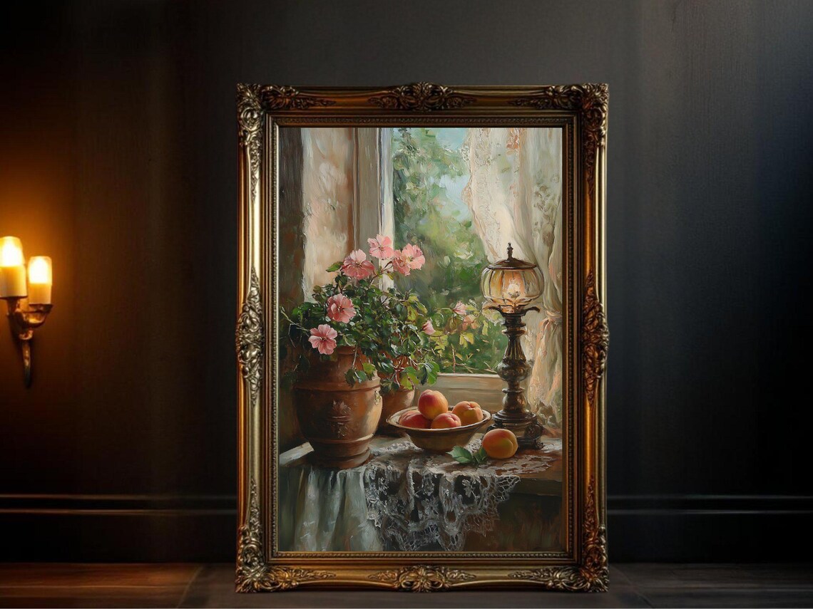 Antique Window Scene Vintage Oil Painting Still Life