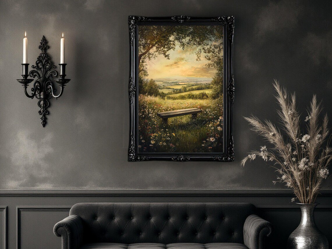 Serene Countryside View, Peaceful Meadow Landscape Art Print - Image 2