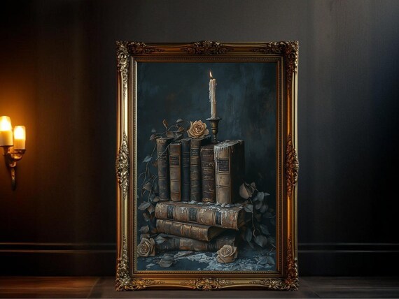 Vintage Bookstack Candle Art, Gothic Library Decor