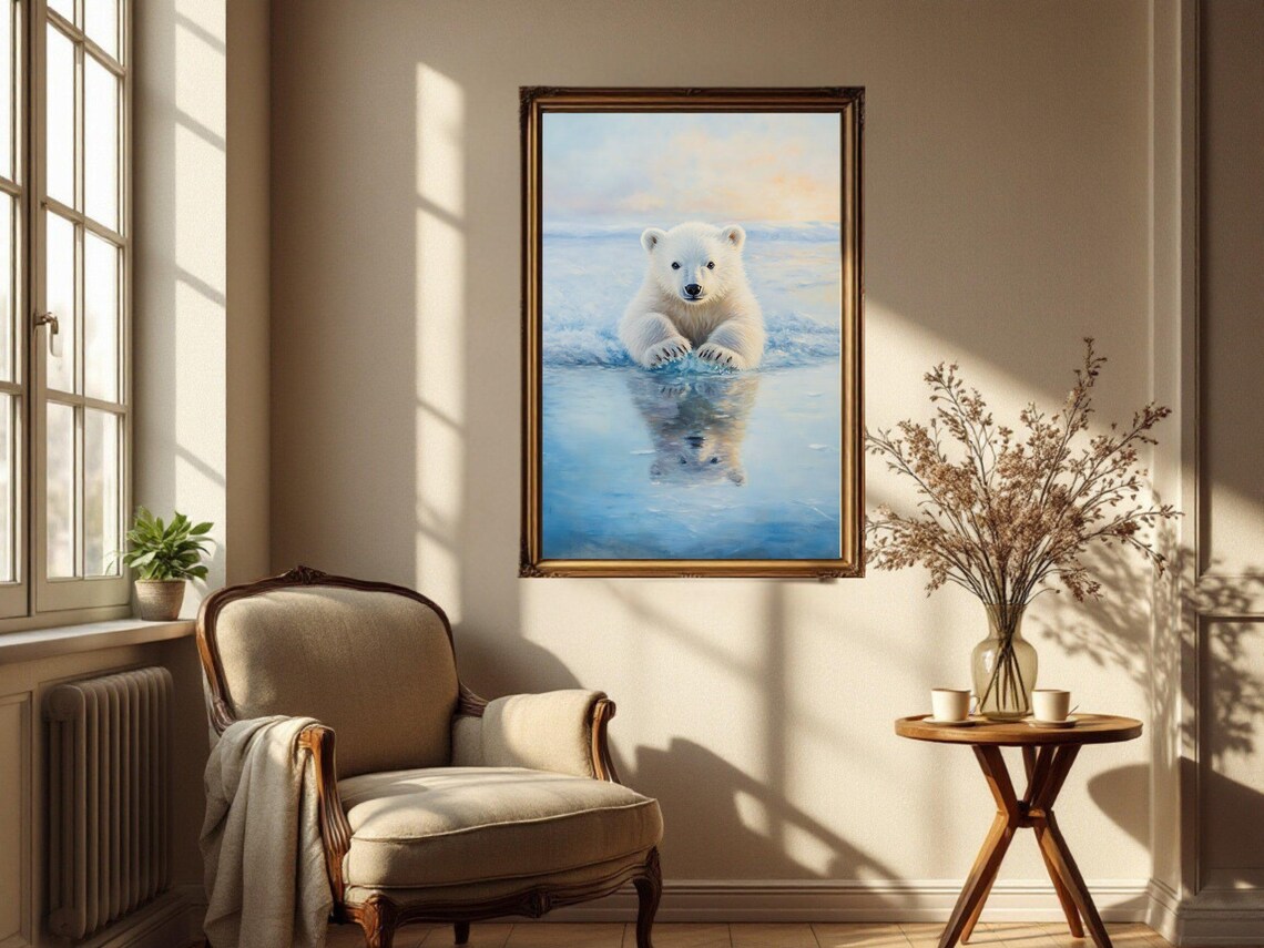 Polar Bear Cub in Arctic Water Reflection, Nursery Decor - Image 2