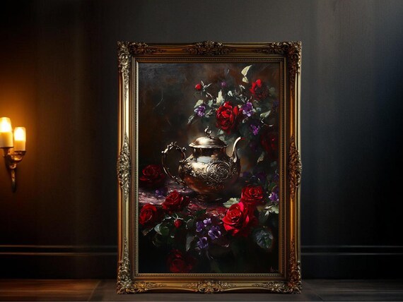 Vintage Teapot Art Print, Antique Floral Painting