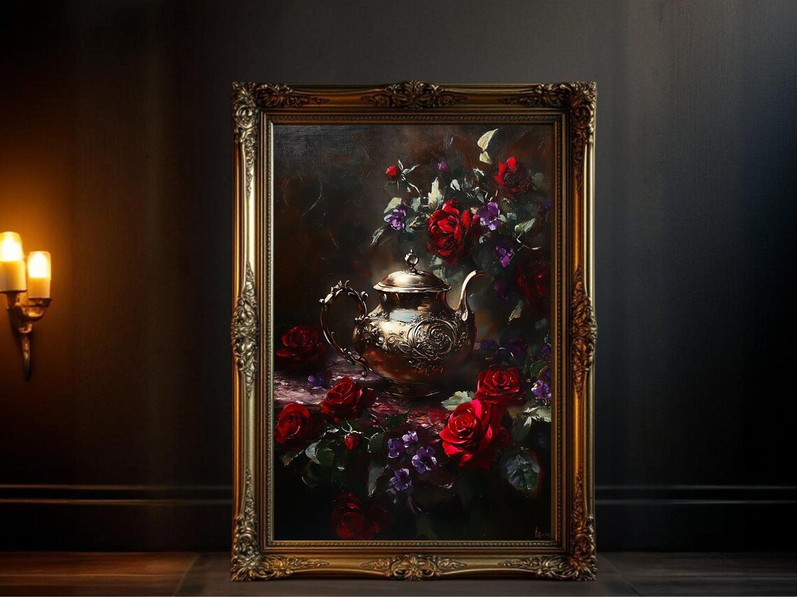 Vintage Teapot Art Print, Antique Floral Painting