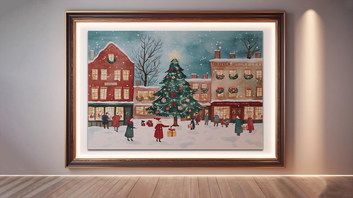 Vintage Christmas Town Square, Holiday Market Scene - Image 2