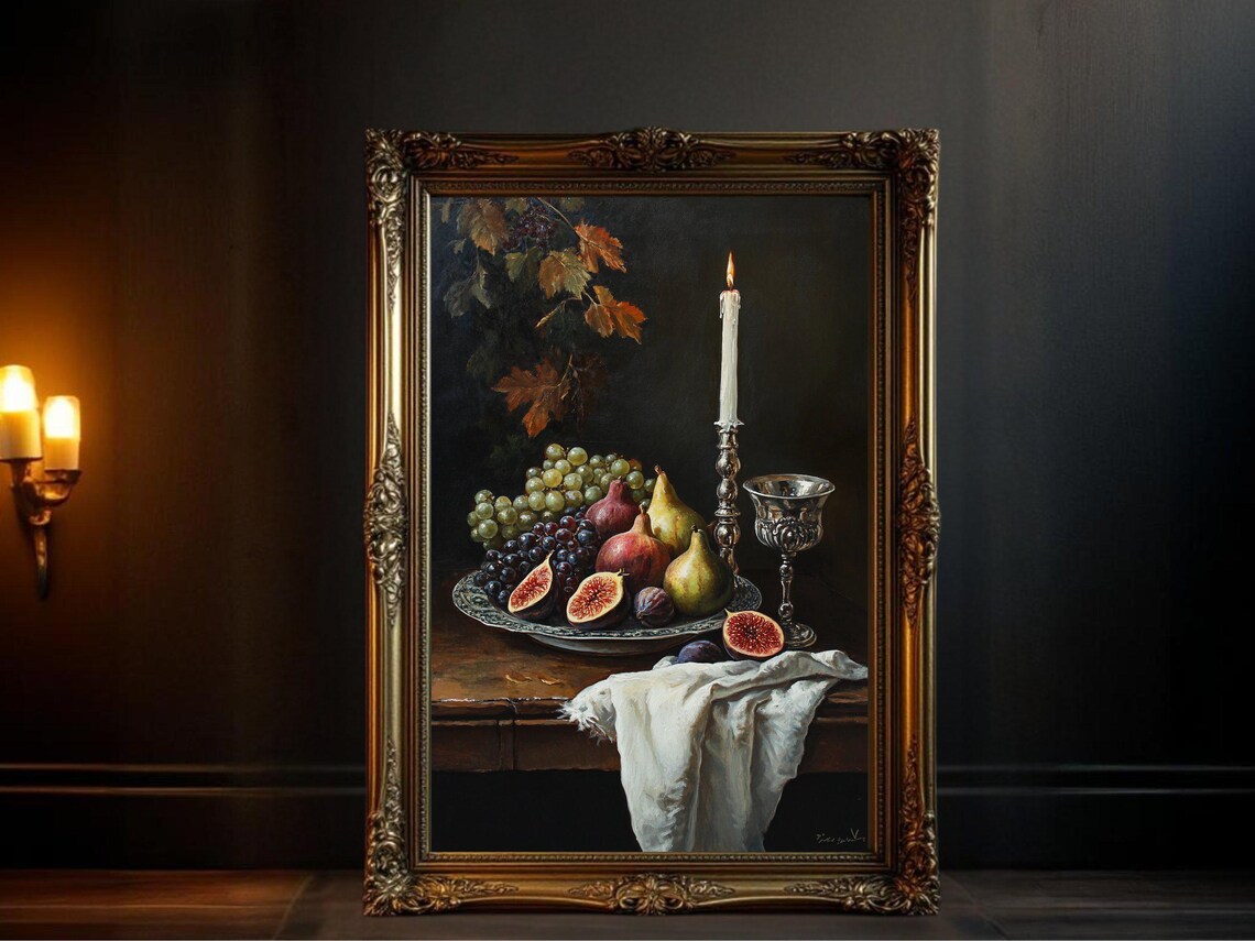 Still Life Fruit and Candle, Vintage Style Art Print