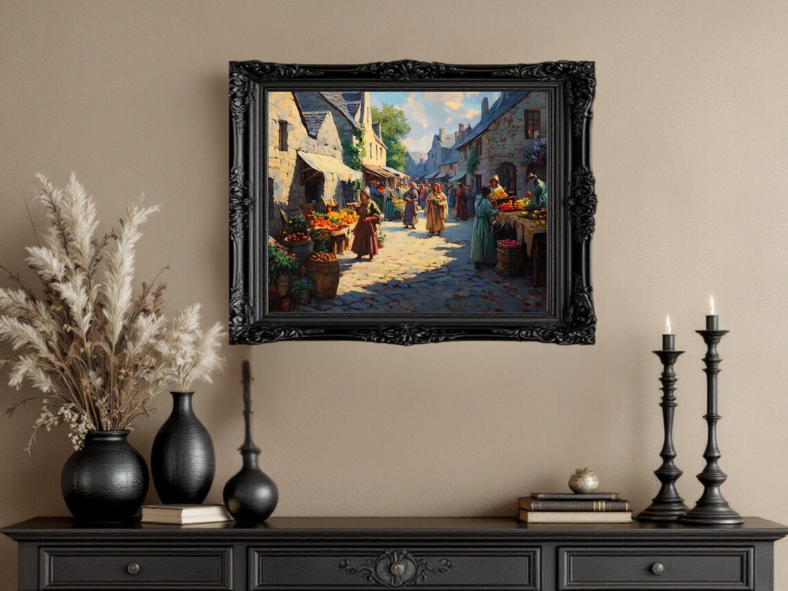 Village Market Street Scene, Vintage Rustic Print - Image 2
