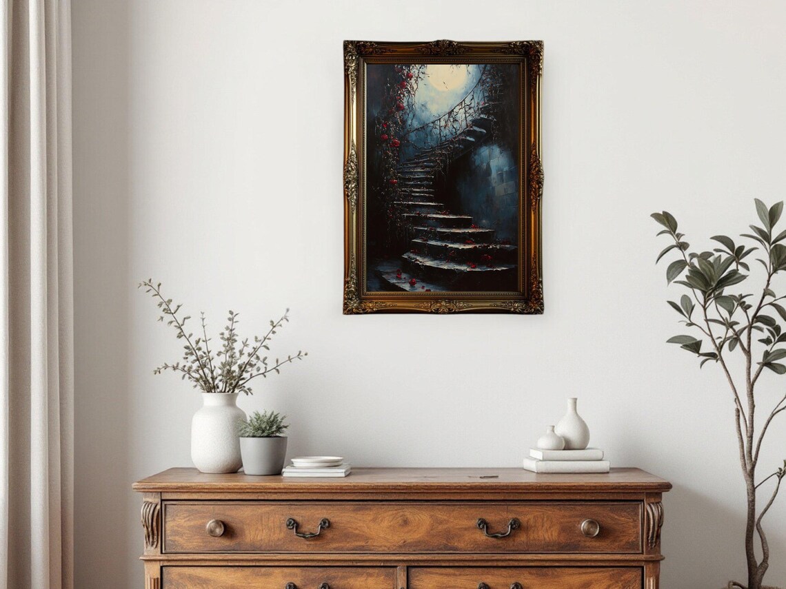 Spooky Gothic Staircase, Eerie Moonlit Scene Art Print - Image 3