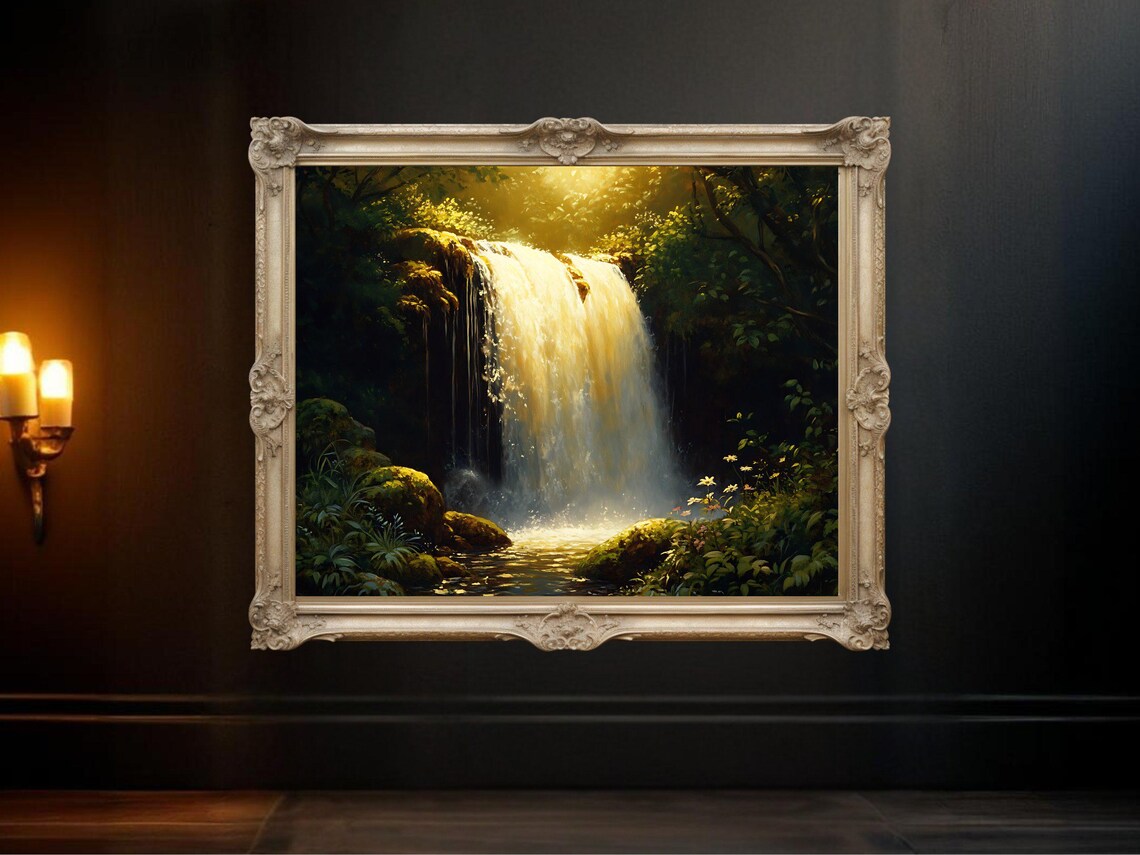 Serene Waterfall Art, Tranquil Nature Landscape