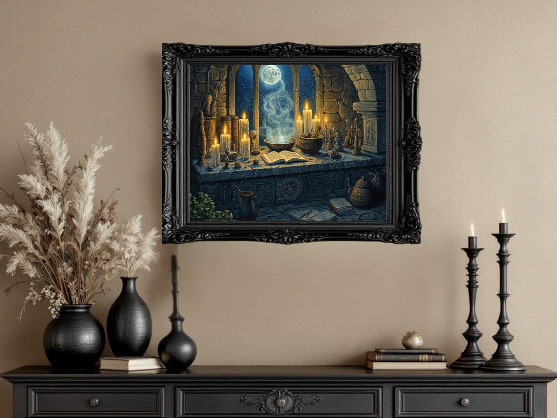 Mystical Moonlit Enchanted Altar, Gothic Fantasy Art Print - Image 3