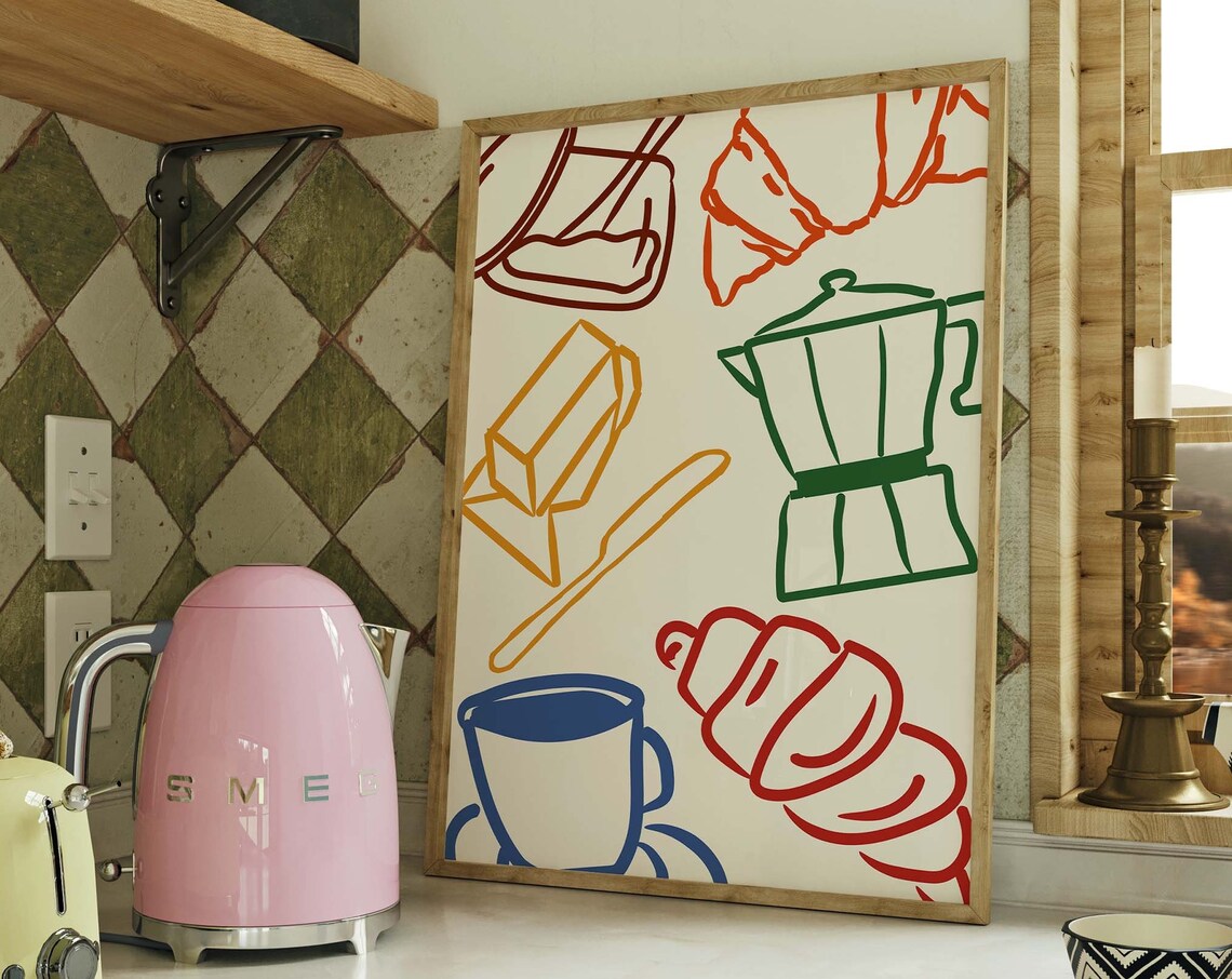 Retro Breakfast Line Icons Croissant Coffee Maximalist Art Poster