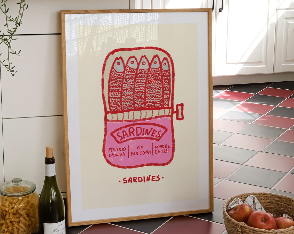 Pink Sardines Tin Art Print, Retro Kitchen Decor