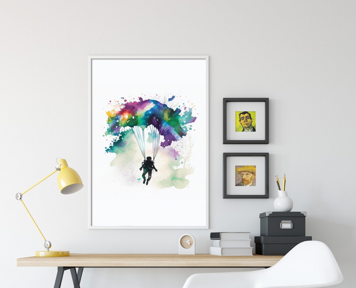 Skydiving Watercolor Poster Parachute Silhouette in Rainbow Splash - Image 3
