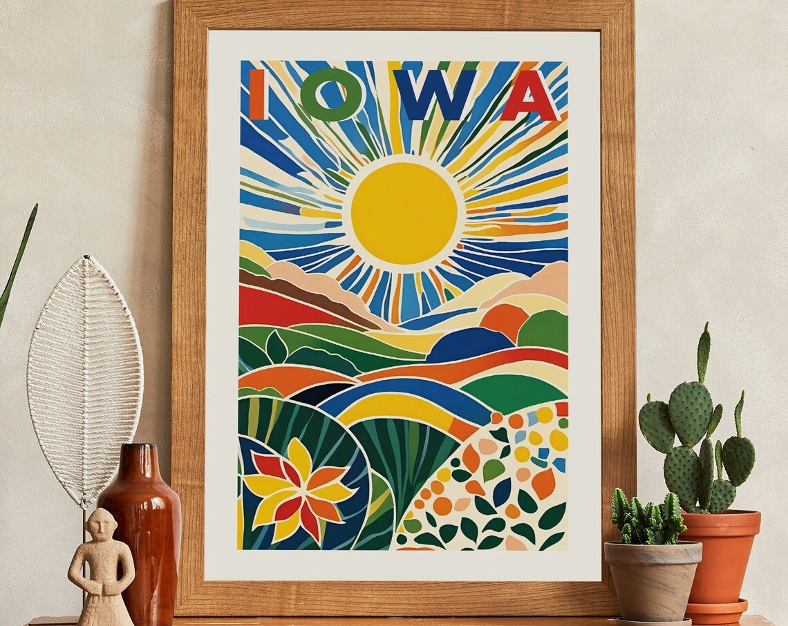 Iowa Retro Sun Over Rolling Farmland Landscape Travel Poster