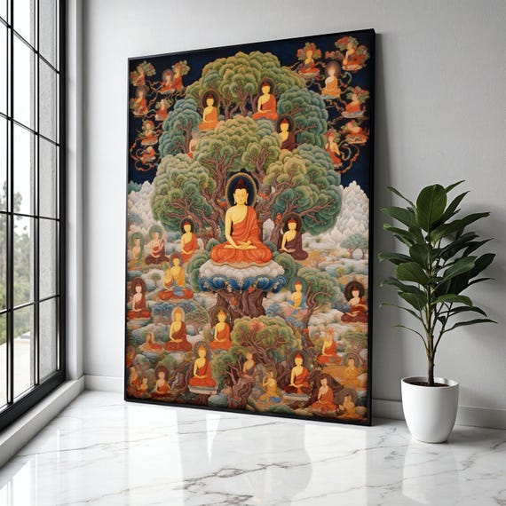 Enlightened Buddha Tree Of Life Canvas Spiritual Meditation Wall Art Buddhist Monks In Nature Serene Zen Home Gift Decor Print